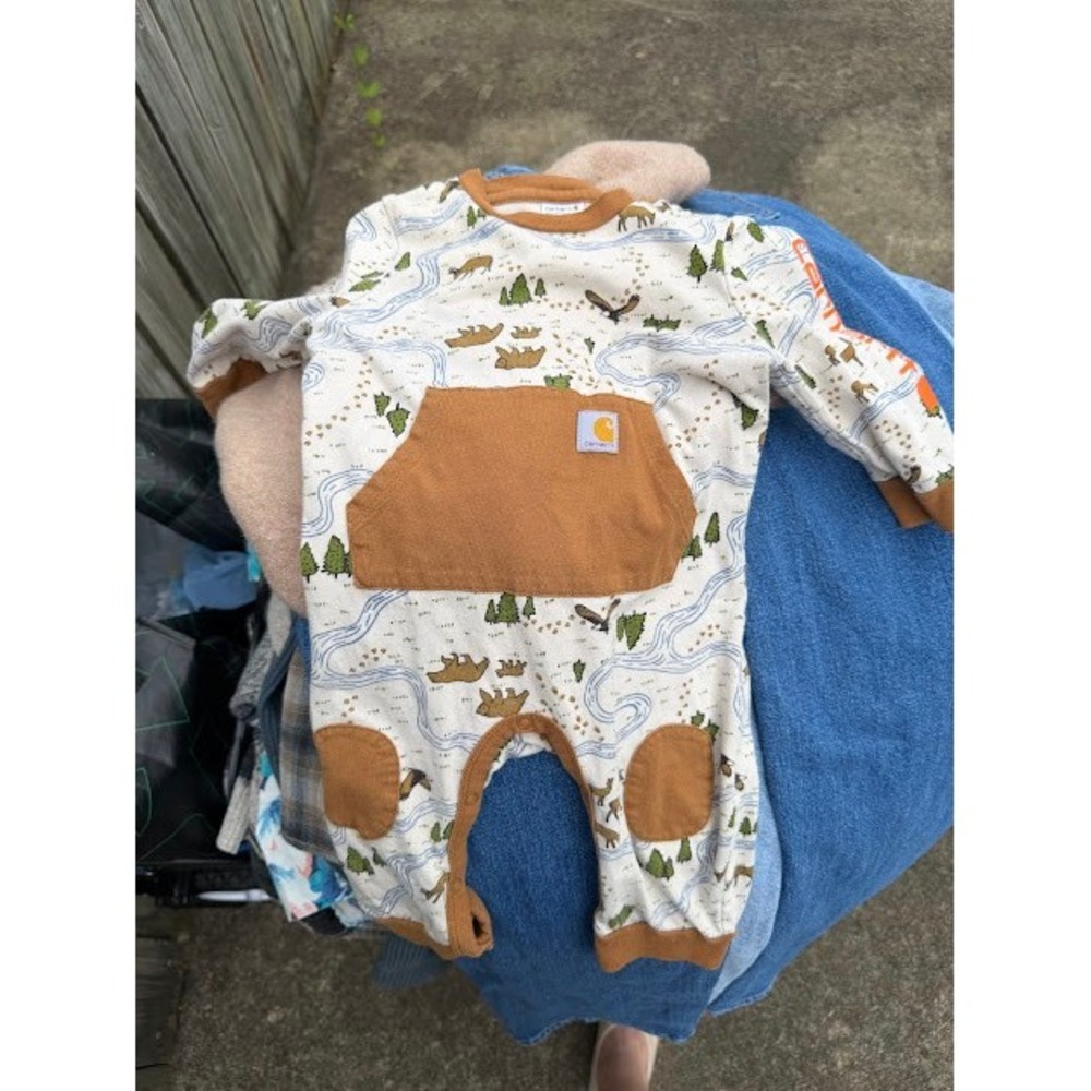 Outdoor Carhartt Romper Kids 6-9M Tan Nature Print Bear Eagle One Piece Rugged - Picture 9 of 11
